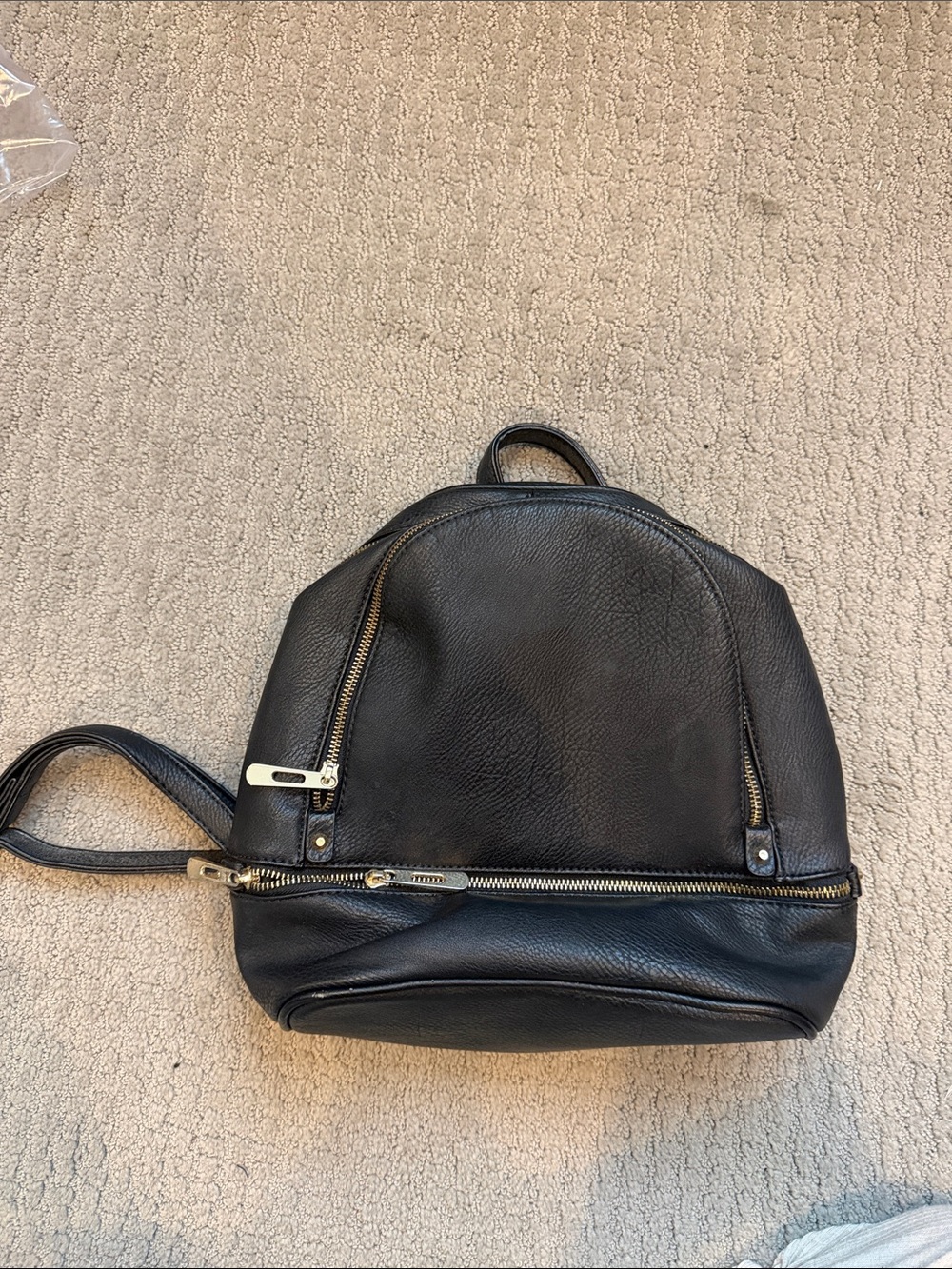Black Leather Mini Backpack with Gold Zippers
